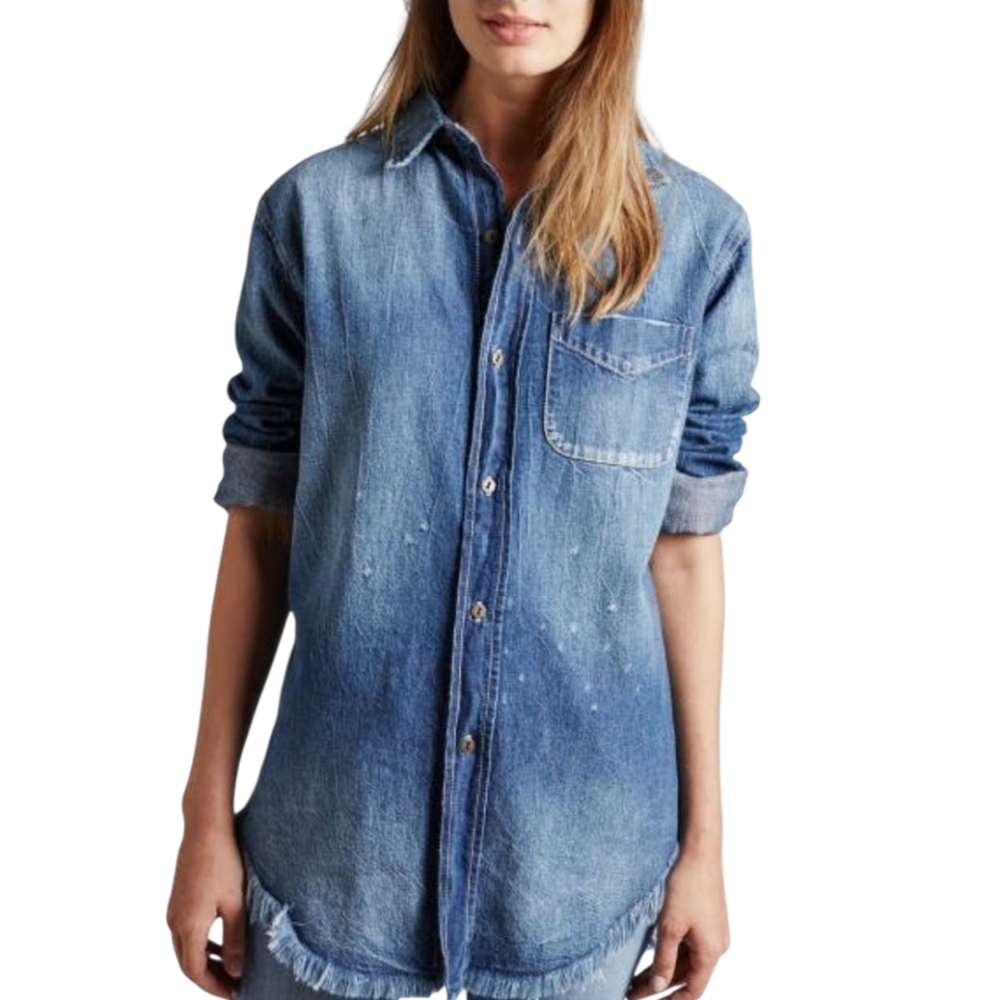 Current Elliot Prep School Blue Distressed Denim Shirt Raw Frayed Hem 0 or XS
